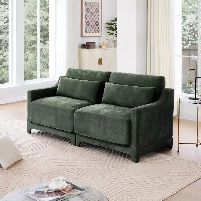 2-Seater High Quality Wood Frame Chenille Green Fabric Armrests Sofa with 2 Lumbar Pillows Resilient Sponge Easy Install