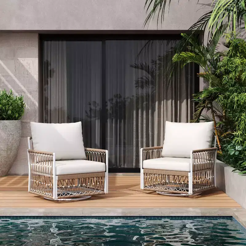 Set of 2 Outdoor Lounge Chair Patio 360Swivel Accent Chair Bohemian Armchair Patio Seat with Waterproof Cushion & Weather-Resistant Frame -ModernLuxe