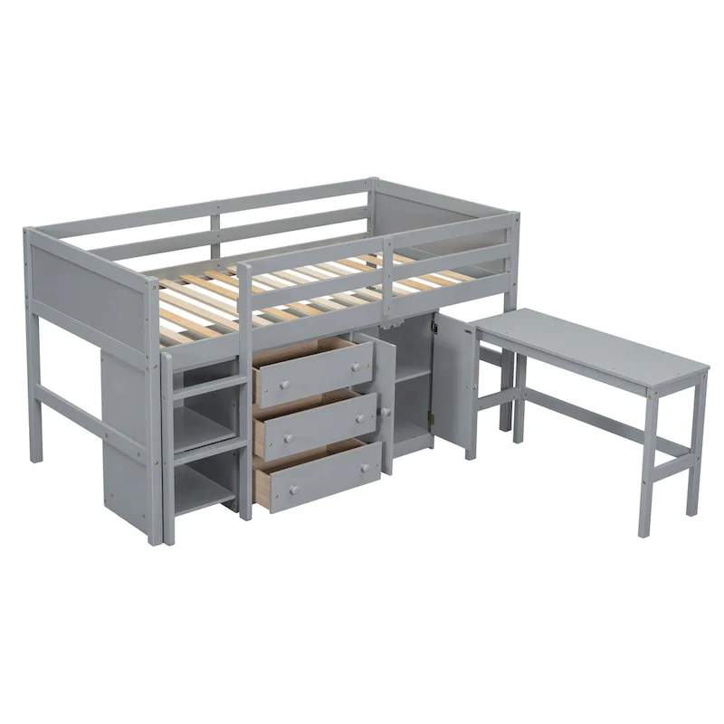 Grey Twin Size Wood Low Loft Bed With Pull-Out Desk, Drawers, Cabinet, and Shelves