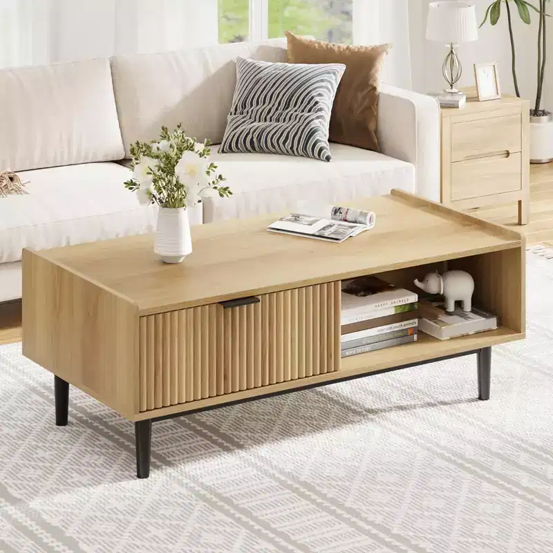 Coffee Table 42.5 Mid Century Modern Center Table with Drawer Fluted Living Room Table with Open Shelf Rectangle Coffee Table Easy Assembly
