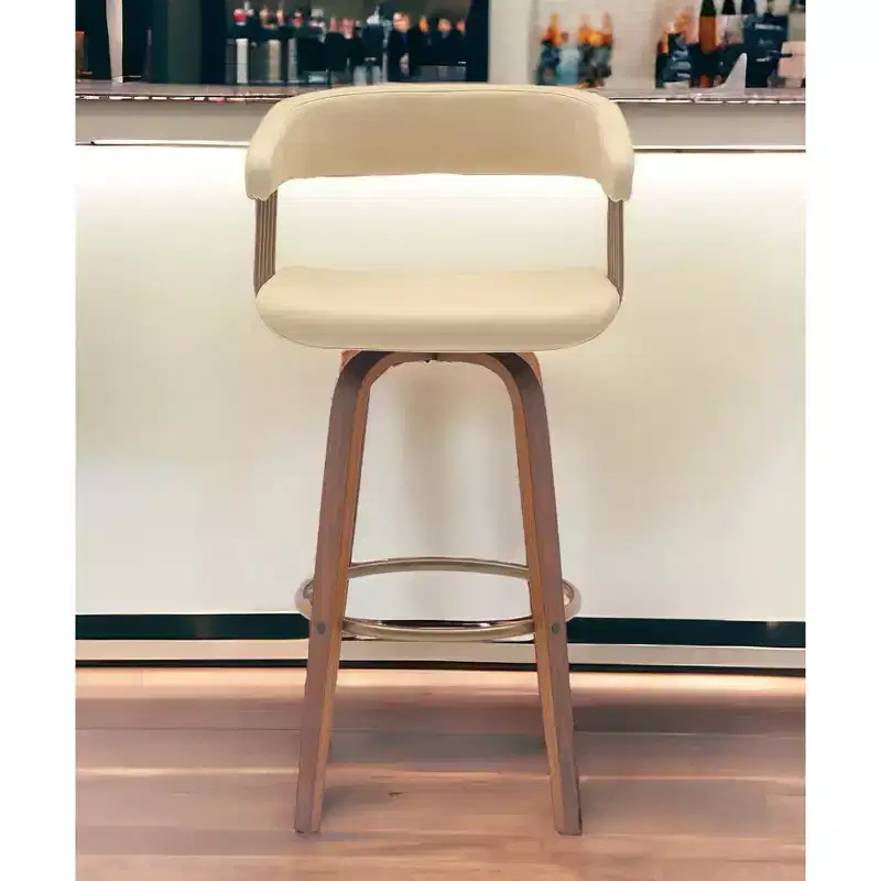 HomeRoots 31 Cream And Wood Brown Faux Leather Swivel Bar Height Bar Chair