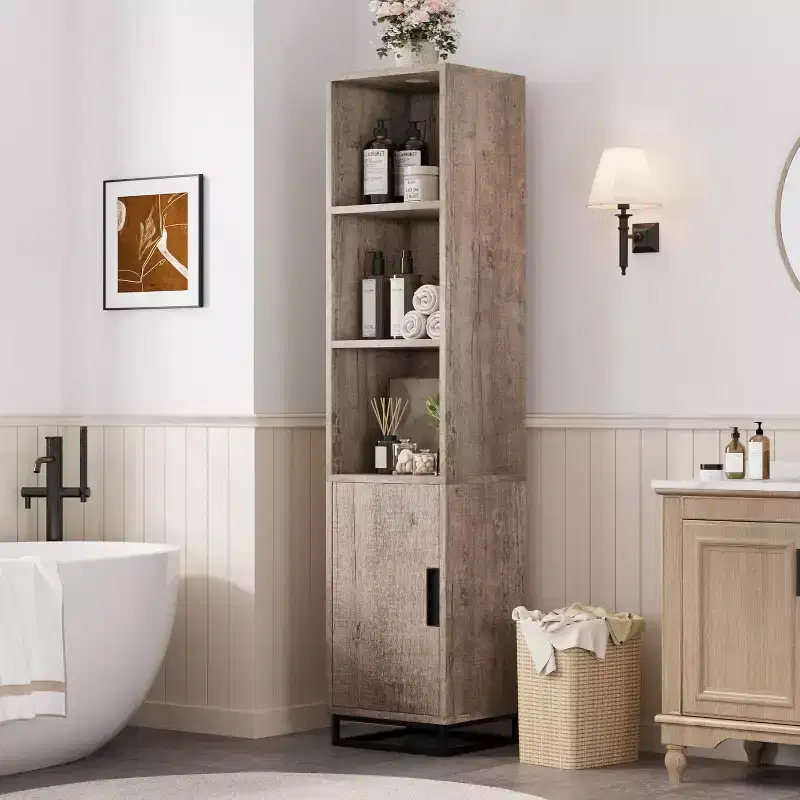 Tall Bathroom Cabinet, 70 Narrow Storage Cabinet with Door and Adjustable Shelf, Open Storage Freestanding for Laundry Room, Kitchen, Living Room