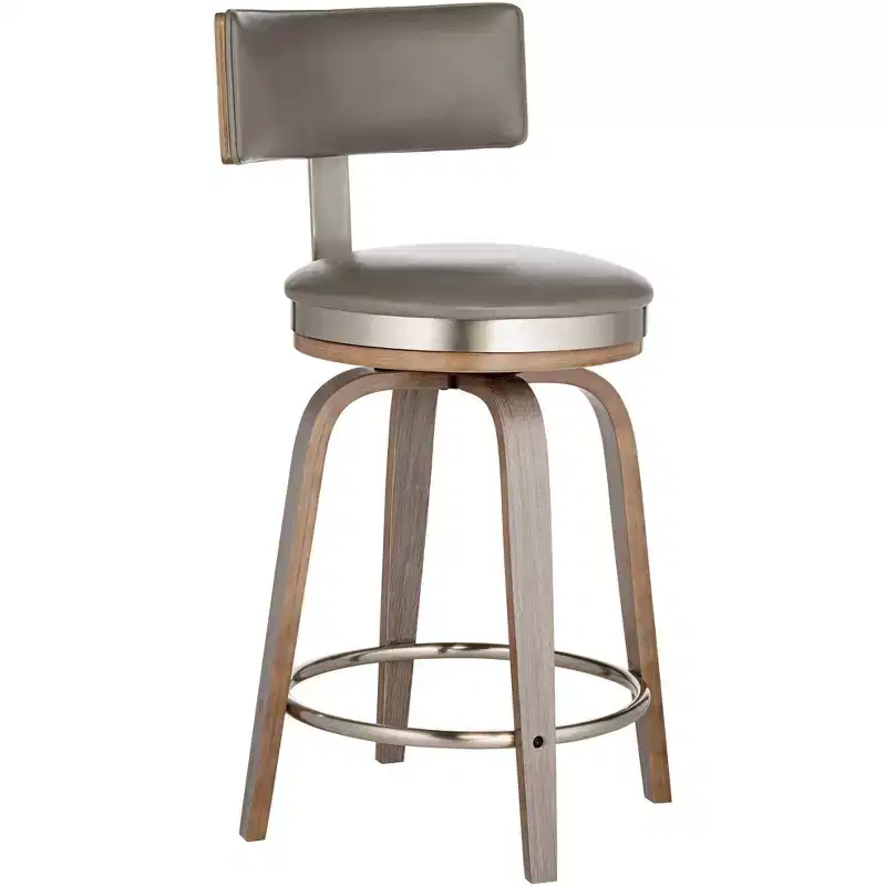 Studio 55D Tilden Wood Swivel Bar Stool Brown 26 High Mid Century Modern Gray Leather Cushion with Backrest Footrest for Kitchen Counter Height Home