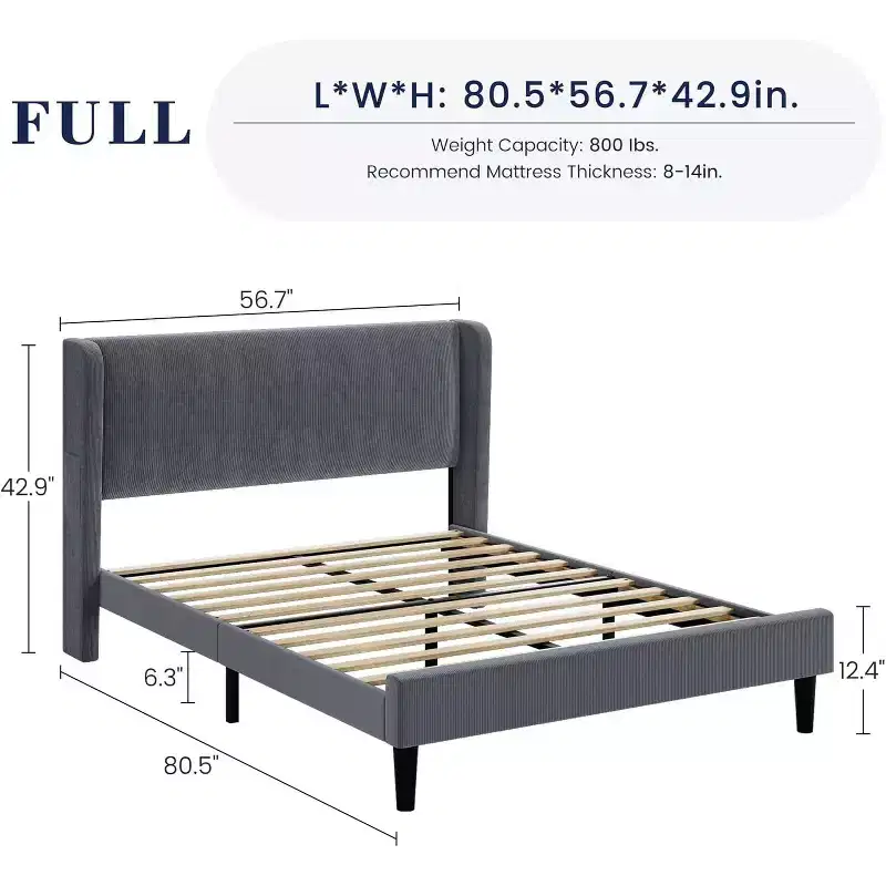 Full / King Upholstered Bed Frame with Headboard, Platform Bed with Wood Slats, No Box Spring Needed, Easy Assembly