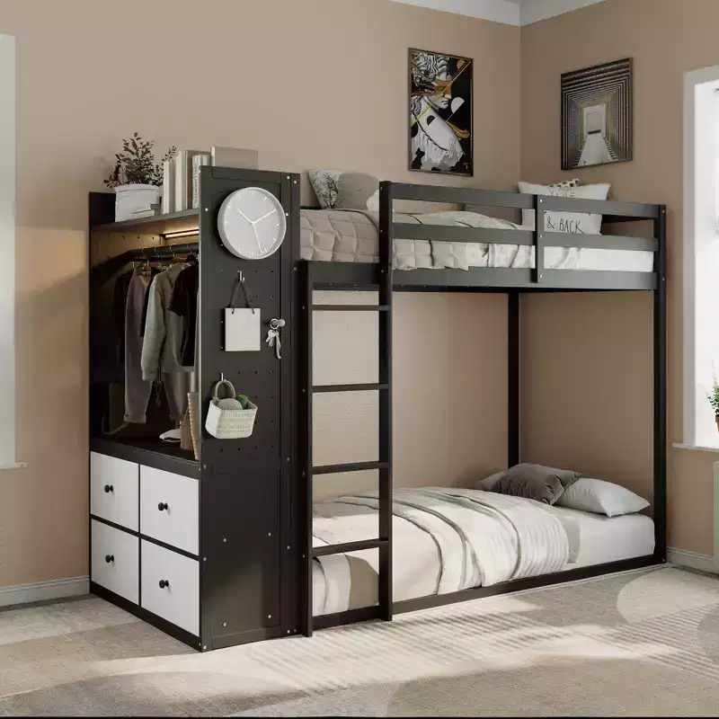 Whisen Twin Bunk Bed Frame with 4 Storage Drawers, Hanging Rail, Built-in Shelves & Dual Pegboards