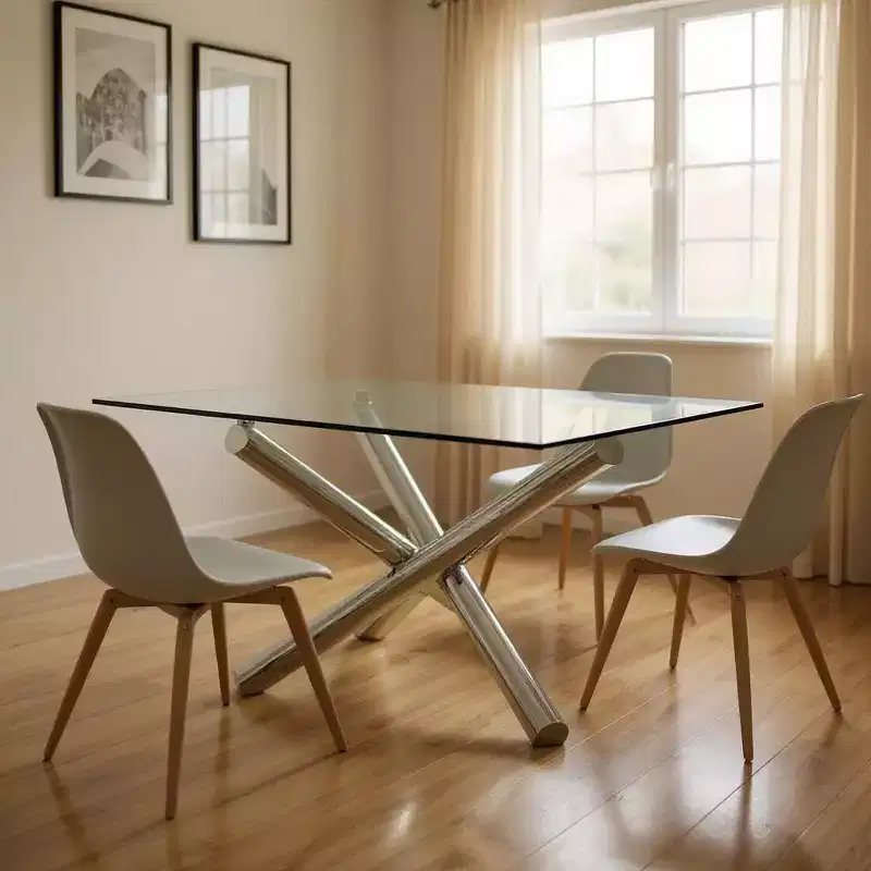 HomeRoots 60 Clear and Silver Glass and Metal Cross Leg Base Square Dining Table