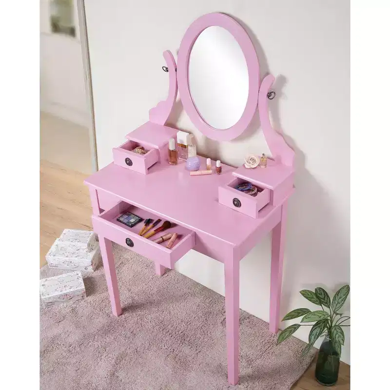 Moniys Wood Moniya Makeup Vanity Table and Stool Set, Pink