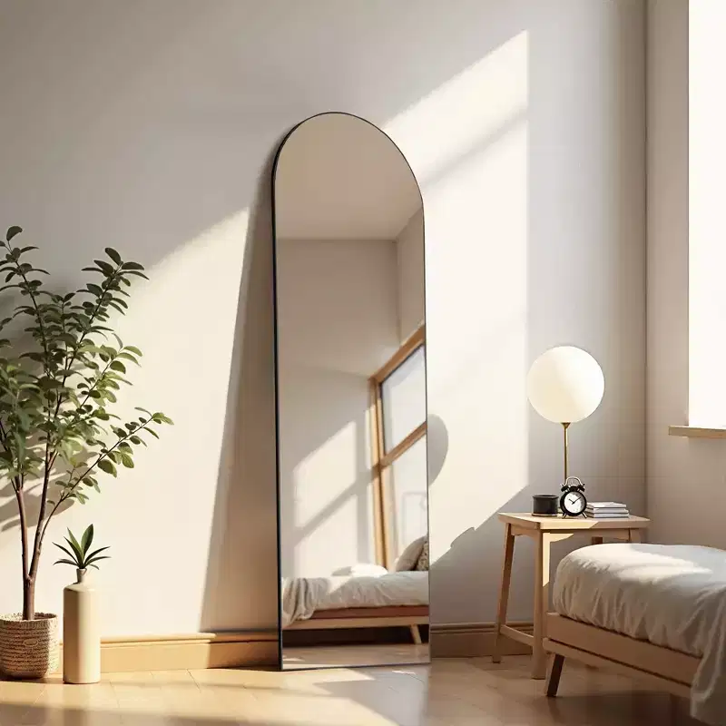 64 Inch Arched Right Angle Floor Standing Full-Length Mirror, Wall Mirror with Bracket Aluminum Alloy Thin Frame