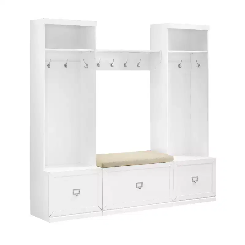 4pc Harper Entryway Set with Bench, Shelf and 2 Hall Trees Set White - Crosley
