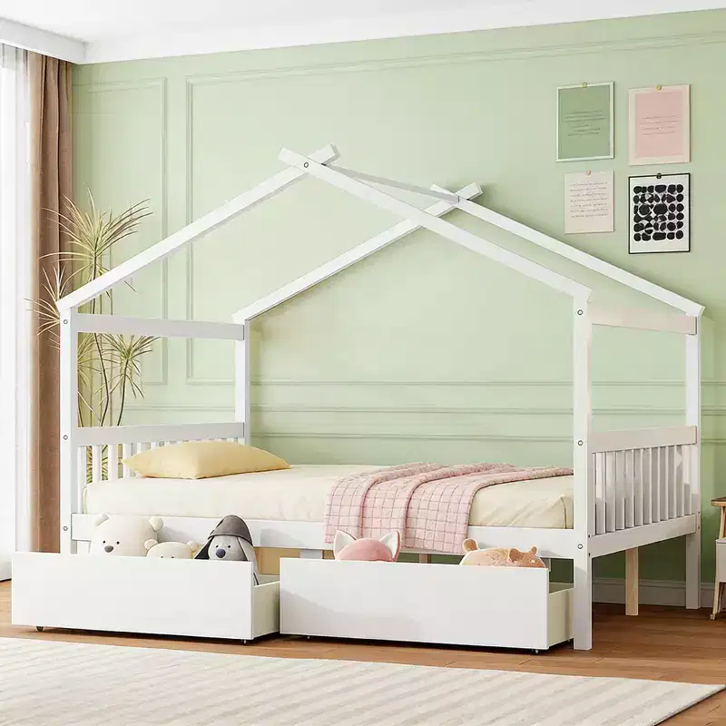Luxystar Modern Full Size Wood House Bed with 2 Drawers and Headboards