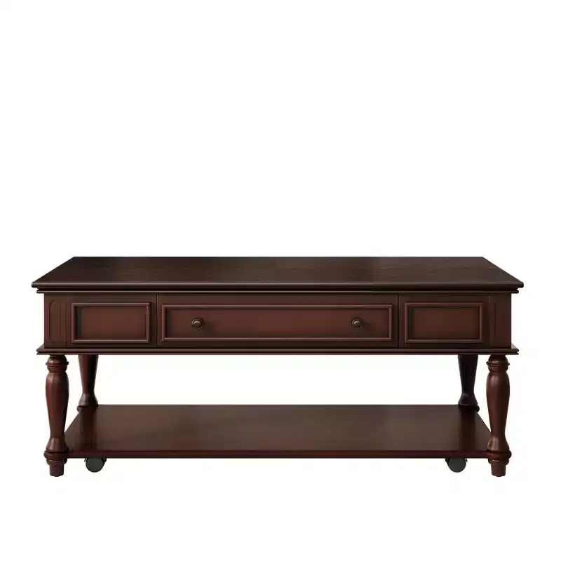 Farmhouse Coffee Table with Drawer, Lockable Wheels and Solid Wood Legs - Espresso, 47.2