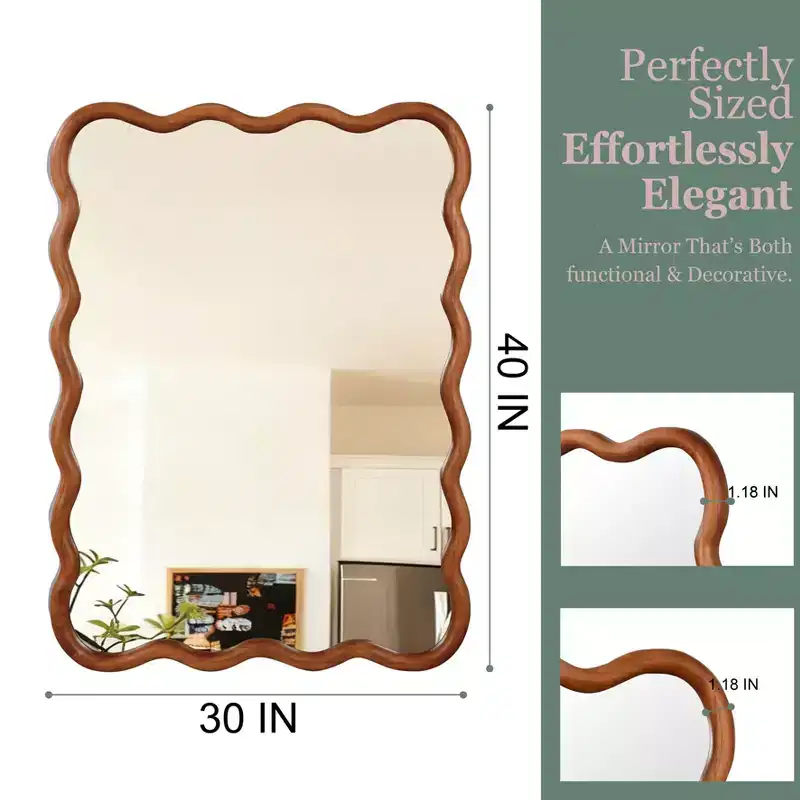 PexFix 30 x 40 Wavy Rectangle Solid Wood Frame Decorative Mirror Modern Farmhouse Wall Mirror For Bedroom Bathroom Living Room Entryway Brown