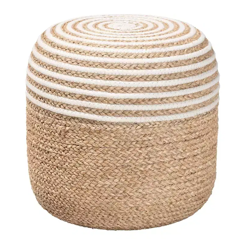 Seagrass and Woven Rope Ottoman Footstool, White/Natural Brown: Cotton Upholstery, No Assembly Required