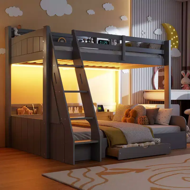 Twin over Full Bunk Bed with Storage, LED Lights & Charging Station, Wood Bunked Bed Beside Shelves for Kids & Teens