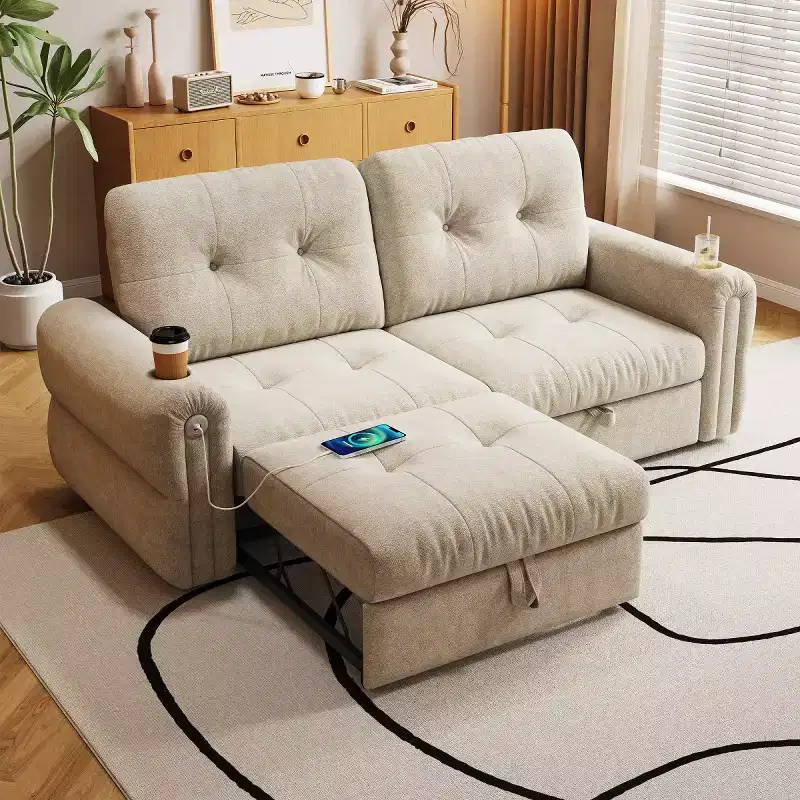 Modern 2-in-1 Convertible Sleeper Sofa Bed with Fold-Down Backrest, Soft Flannelette Pull-Out Sofa for Living Room or Guest Room