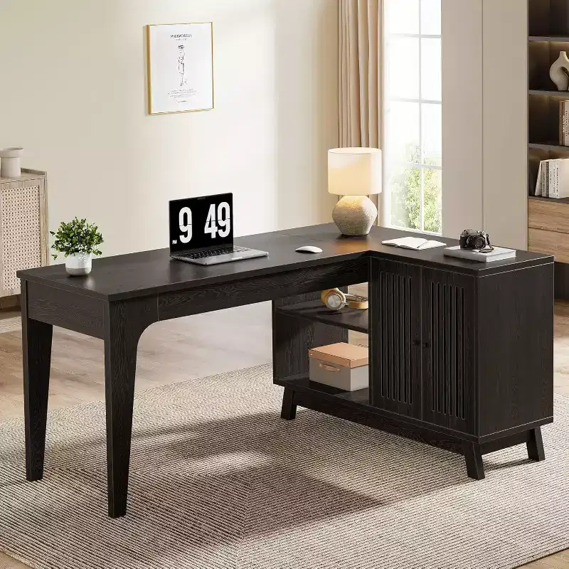 57-Inch L-Shaped Computer Desk with Storage Cabinet for Home Office