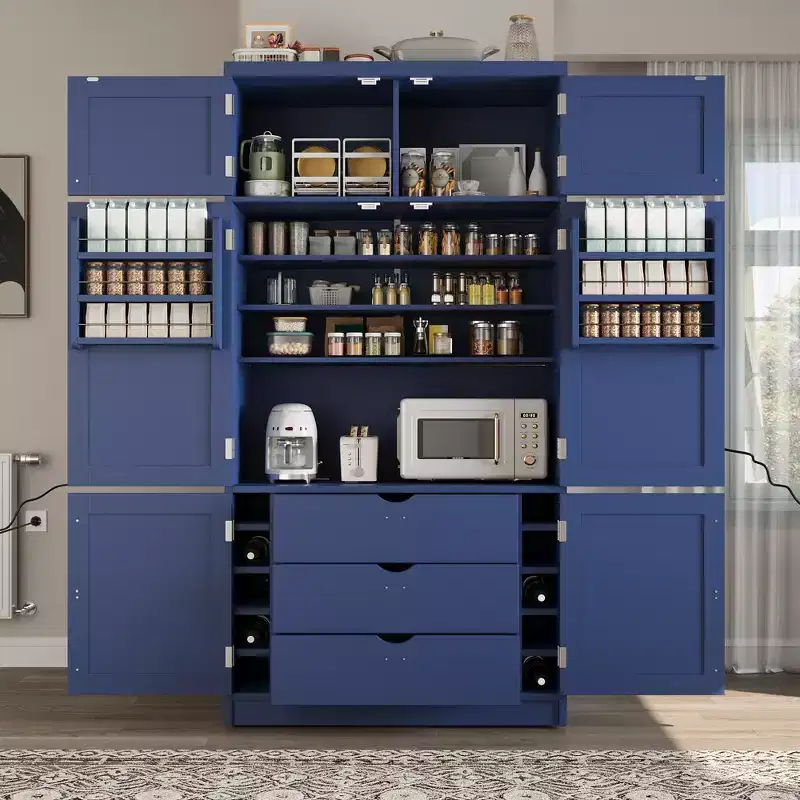 Tall Kitchen Pantry Cabinet with Power Outlets, Large Freestanding Cupboard with Microwave Stand, Drawers, Shelves, Wine Racks & Door-Shelf