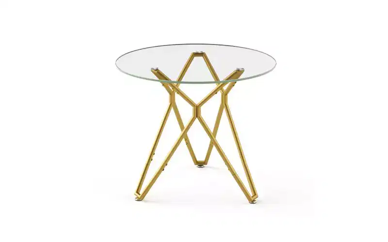 Round Tempered Glass Dining Table with Gold Metal Legs, Seats 2-4, Space-Saving