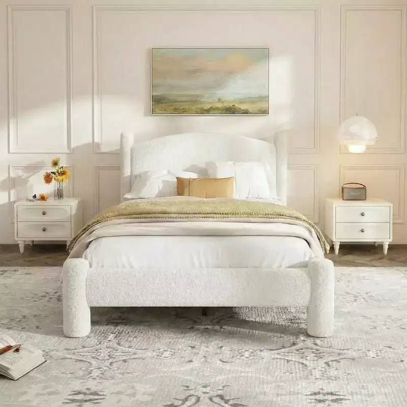 King Size Bed Frame, Boucle Bed Frame with Headboard, Soft Upholstered Platform Bed Frame with Rounded Corners, No Box Spring Required, Easy Assembly