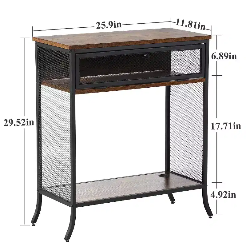 VECELO Industrial Console Table With Drawer & Open Shelves, Rustic Wood & Metal Mesh Entryway Table, Storage Side Table for Living Room or Hallway