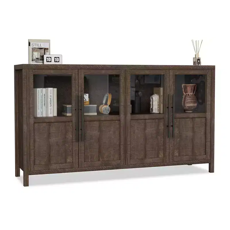 Sideboard Buffet Cabinet with 4 Glass Doors, 55 in Buffet Table Display Cabinet for Kitchen Dining Room, Living Room