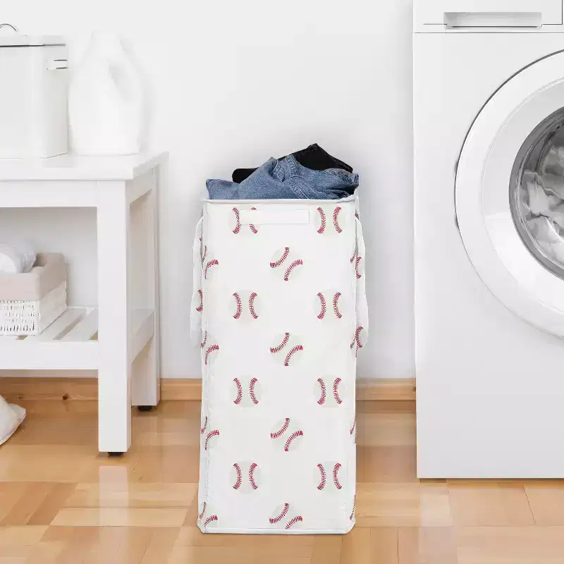 Boy Foldable Laundry Hamper with Handles, Baseball Print Red and White