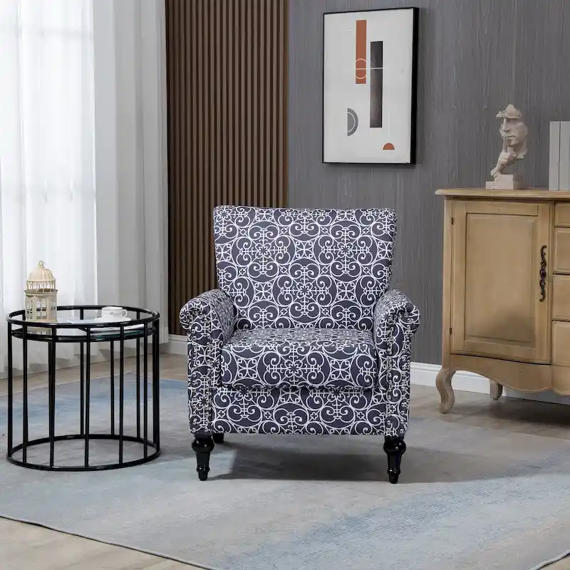 Mid-Century Modern Accent Chair, Linen Armchair w/Tufted Back/Wood Legs