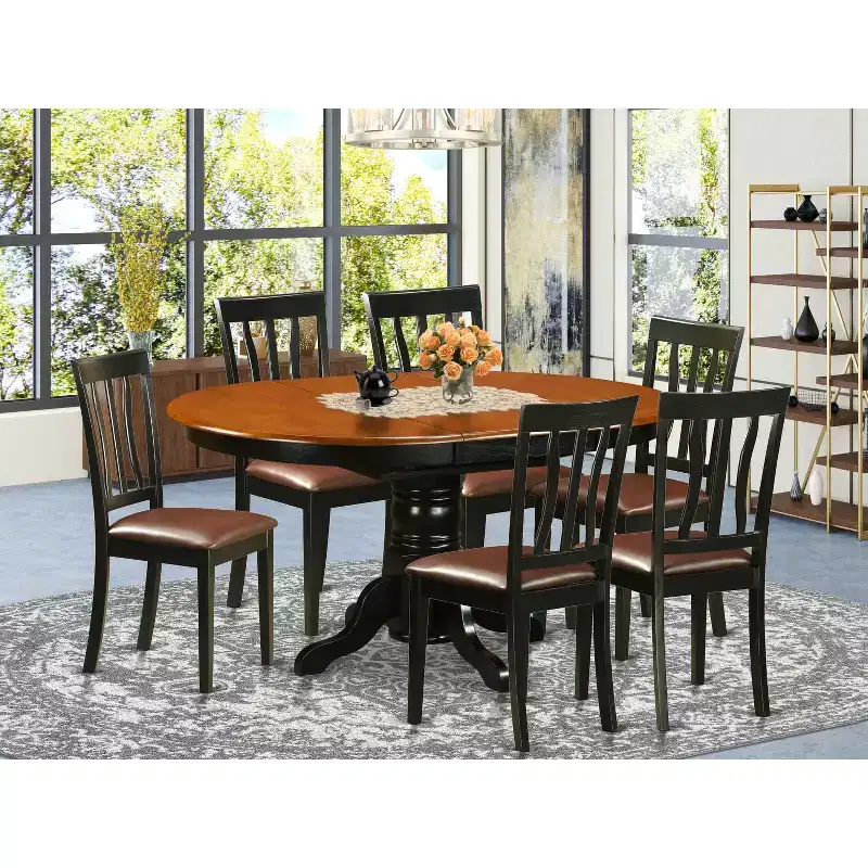 Black Oval Extension Dining Table Set, Pedestal Base, Seats up to 6, 7-Piece