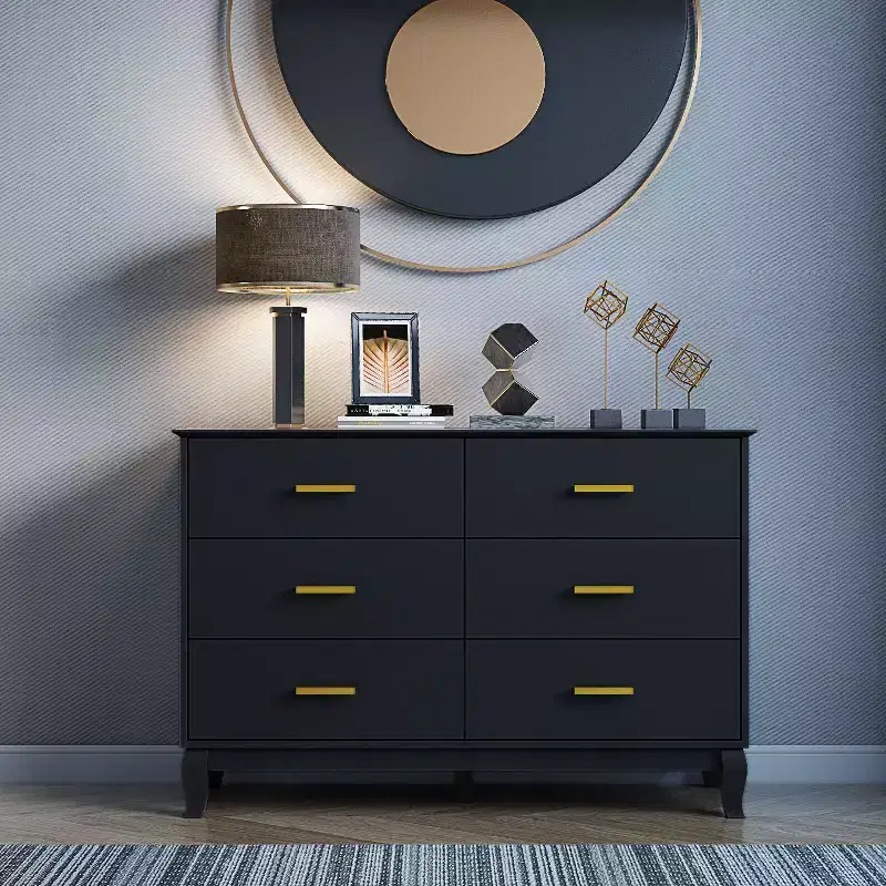 6-Drawer Double Dresser Chest of Drawers, Black with Gold Handles, 47in Wide