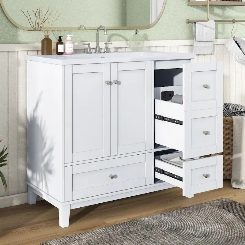 36 Inch Bathroom Vanity with USB Charging, Resin Sink, Solid Wood Frame, 3 Drawers Storage