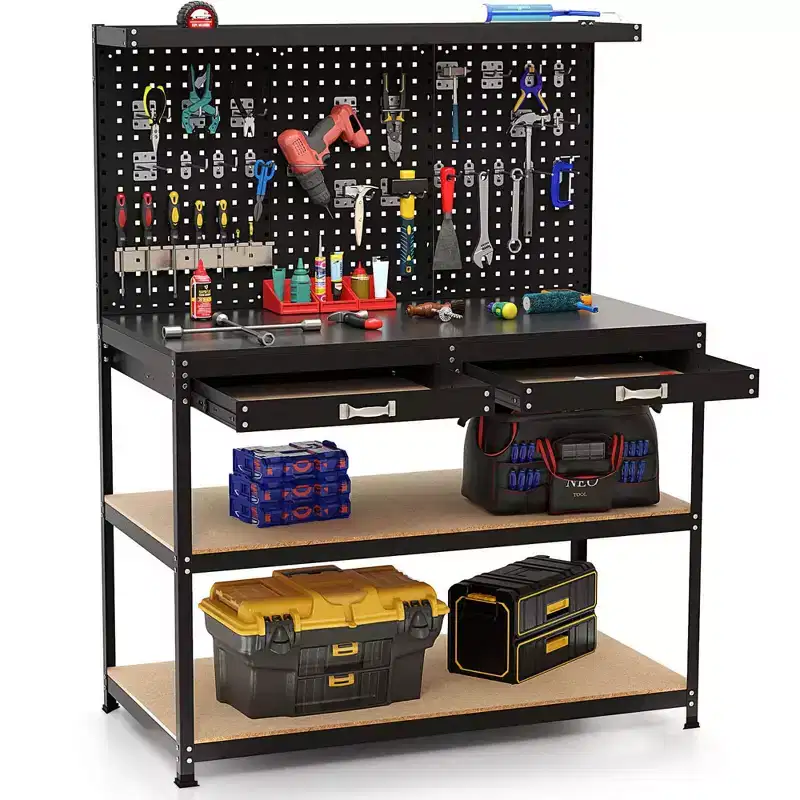 Costway 48 x 24 Workbench Heavy-Duty WorkTable with 3 PCs Pegboard Drawer & Shelves Navy/Black