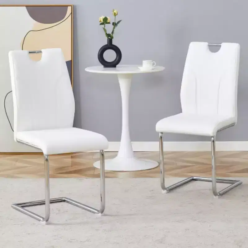 2 White PU Dining Chairs with Silver Metal Legs - Versatile Design Set