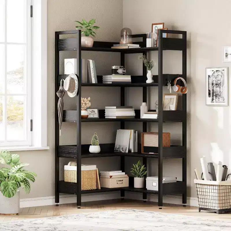 Acekool 5 Tier Convertible Corner Bookshelf, L Shaped Industrial Bookcase, Display Storage Shelf for Living Room Office