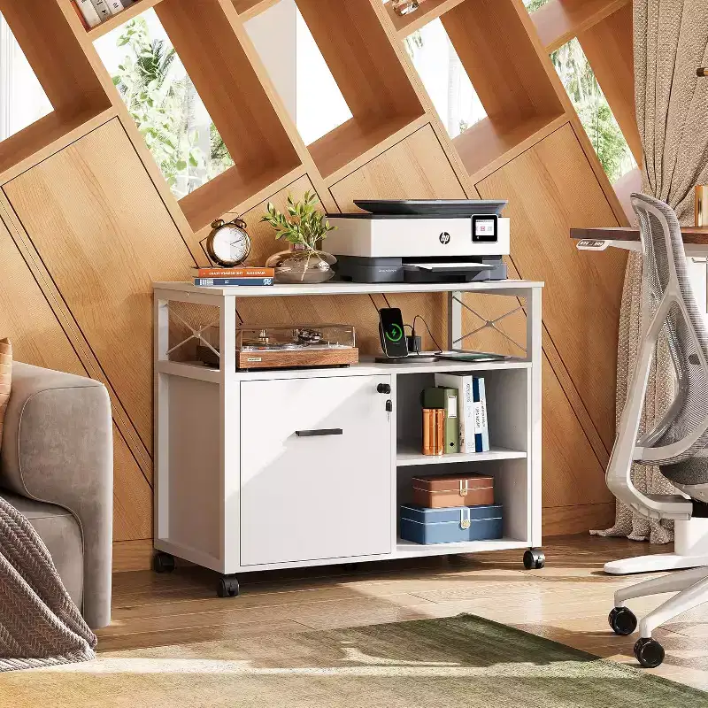Lateral File Cabinet with Power Outlets, Locking Drawer and Rolling Casters, White