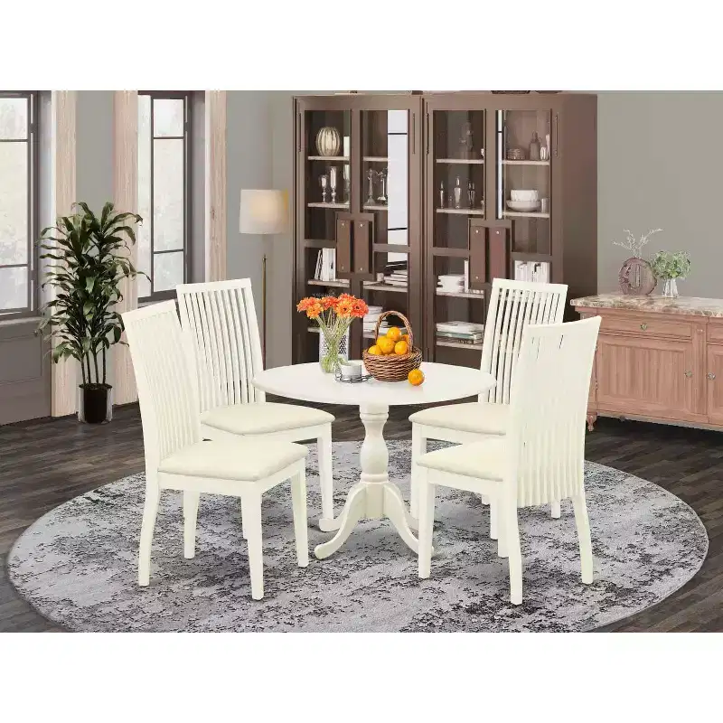 HomeStock 5-Piece Linen White Finish Solid Wood Top Dining table with 4 Chairs with Drop Leaf Slat Back