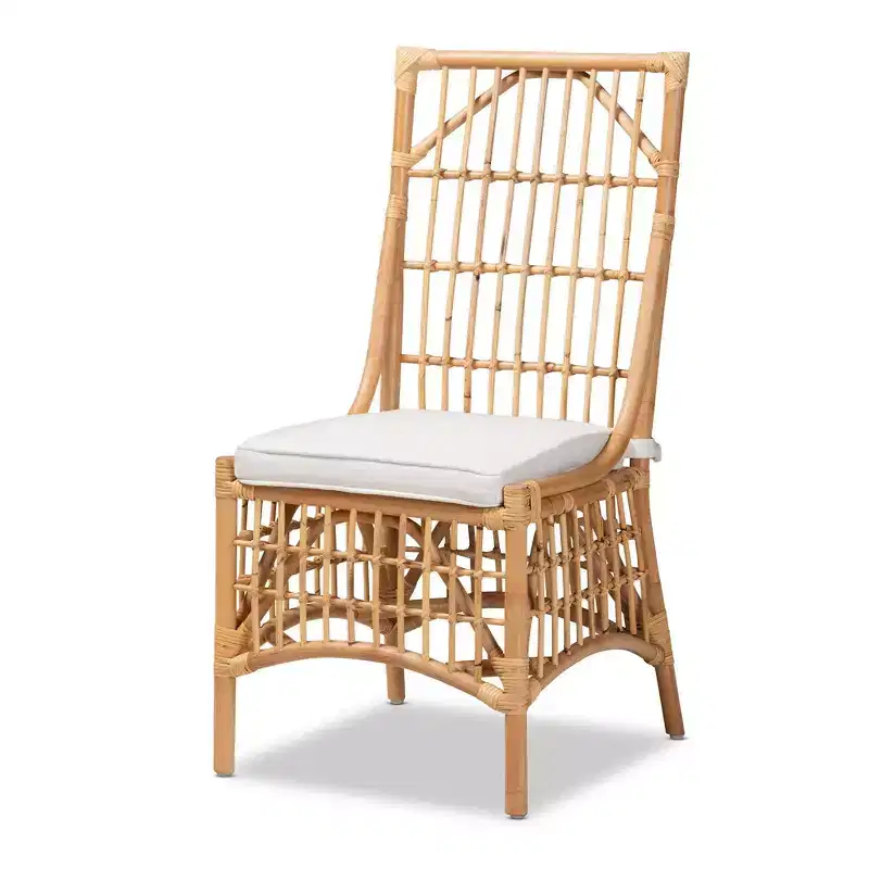 Fabric Upholstered Rattan Dining Chair, White/Natural, Bohemian Style, No Assembly Required