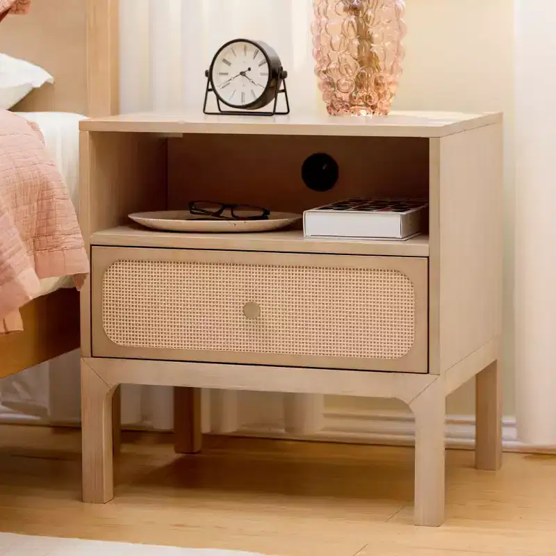 Elio Rattan Cubby Nightstand with 1 Drawer, Electrical Outlet and Brass Knob