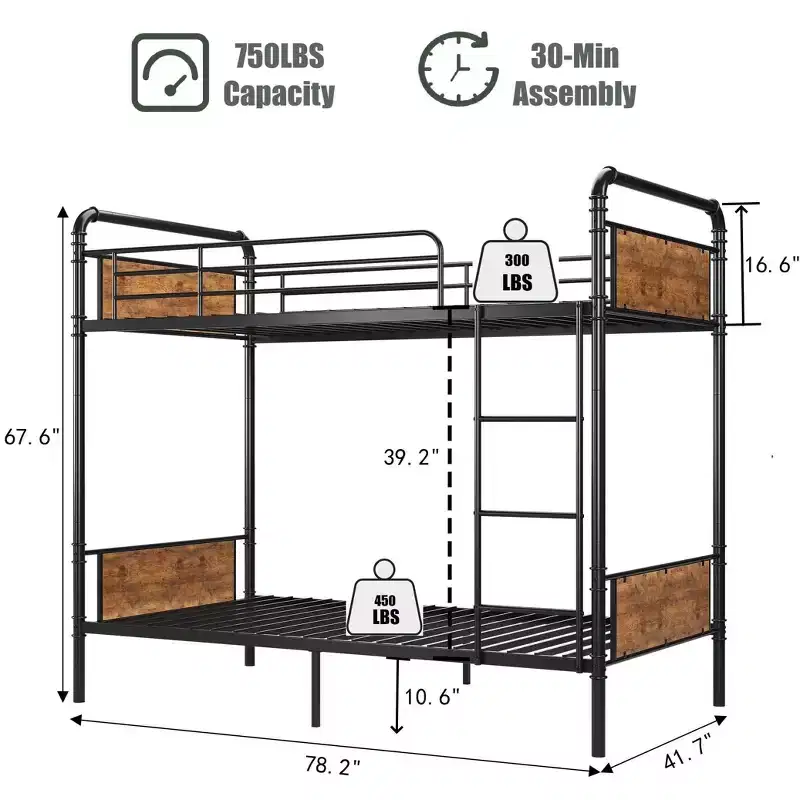 Metal Bunk Bed Twin Over Twin, Heavy Duty Twin Size Metal Bunk Bed with High Guardrail & Ladders, Convertible Bunk Beds for Kids Adults