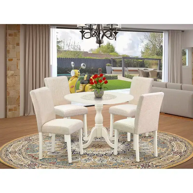 HomeStock 5 Piece Round Dining Table Set Linen Fabric Parsons Chairs