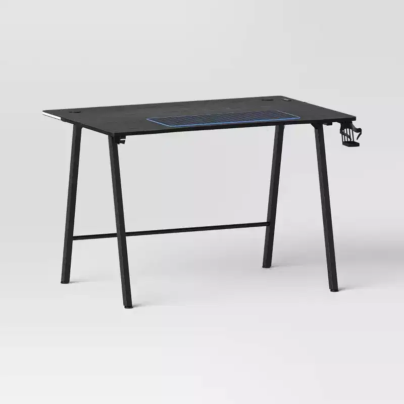 Gaming Desk with LED Lights and Headphone Holder, Compact Steel Frame Desk with Rubber Mat & Cup Holder