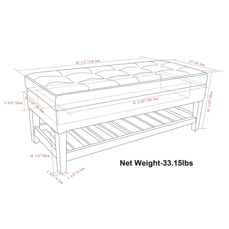 44 inch Wide Transitional Rectangle Ottoman Bench