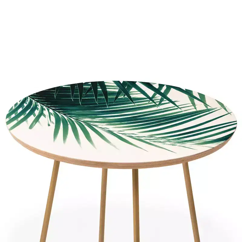 Round Anita's & Bella's Artwork Palm Leaves Side Table with Gold Steel Legs - Deny Designs