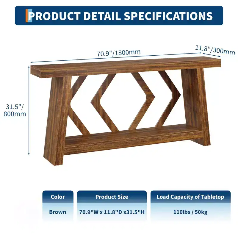 70.9 Entryway Console Table, 2 Tier Narrow Long Sofa Table, Wooden Behind Couch Table, Entry Foyer Table for Living Room, Hallway, Entrance, Brown