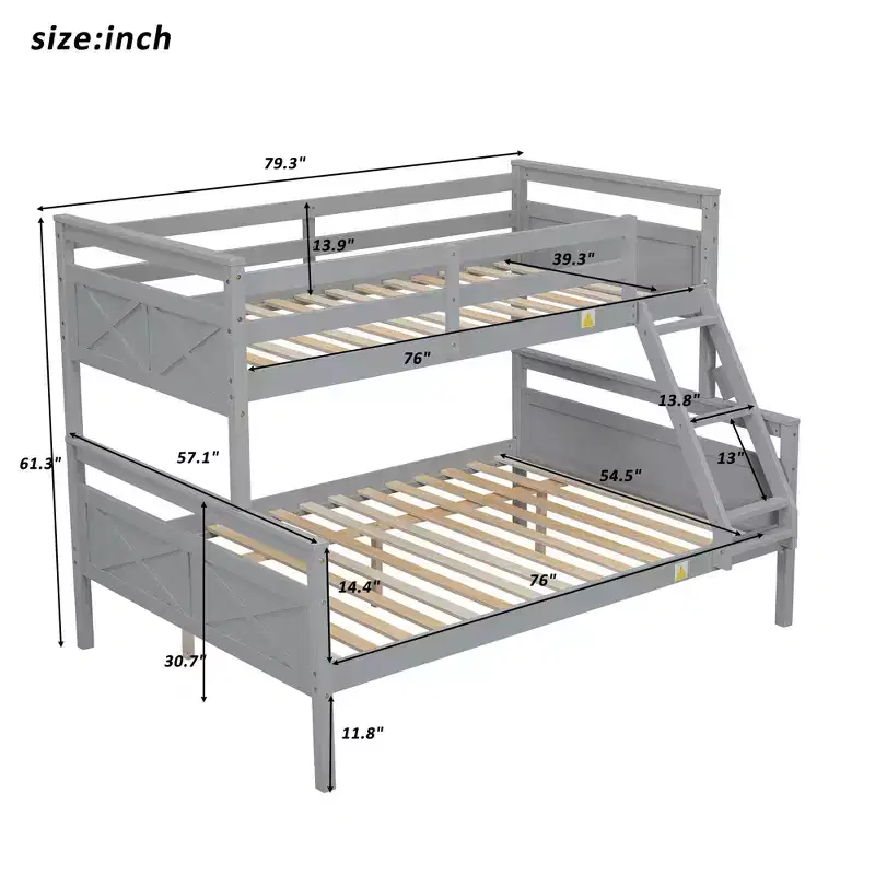 Wooden Twin over Full Bunk Bed for Kids, Bunk Bed Frame with Guard Rail for Bedroom Dorm