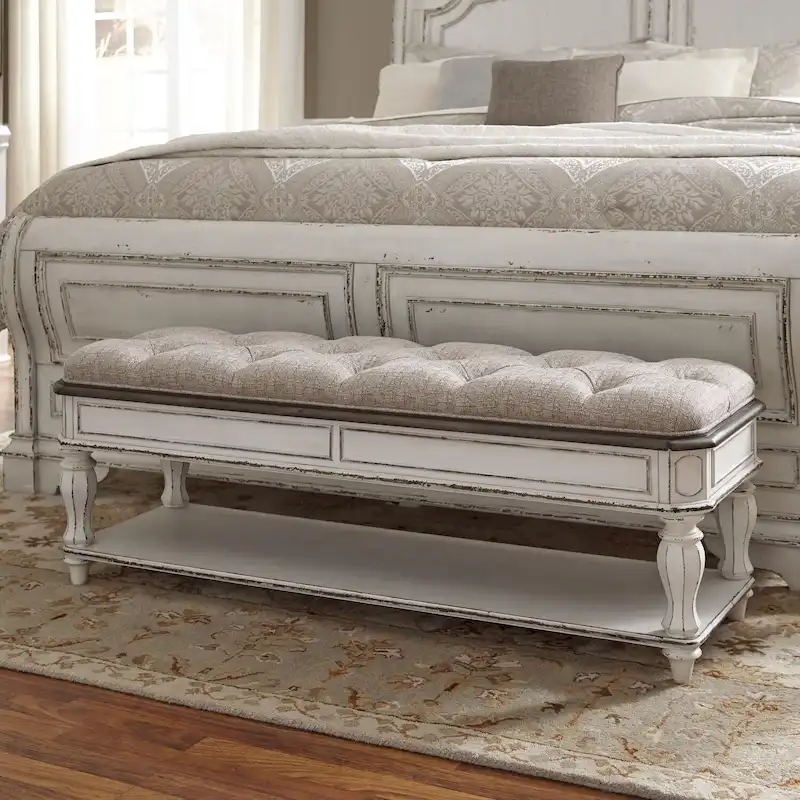 Antique White Weathered Bark Bed Bench, Upholstered, Bottom Shelf