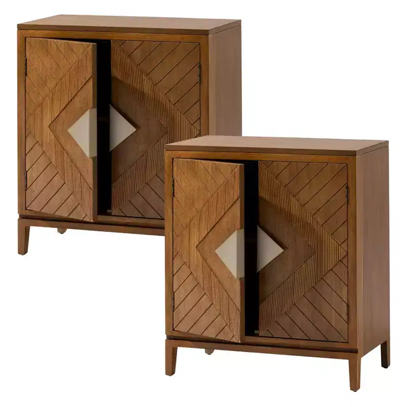 COZAYH Set of 2 Farmhouse Storage Cabinets, Accent Furniture with Geometric Wood Doors for Entryway, Living Room, or Dining Room, Wood