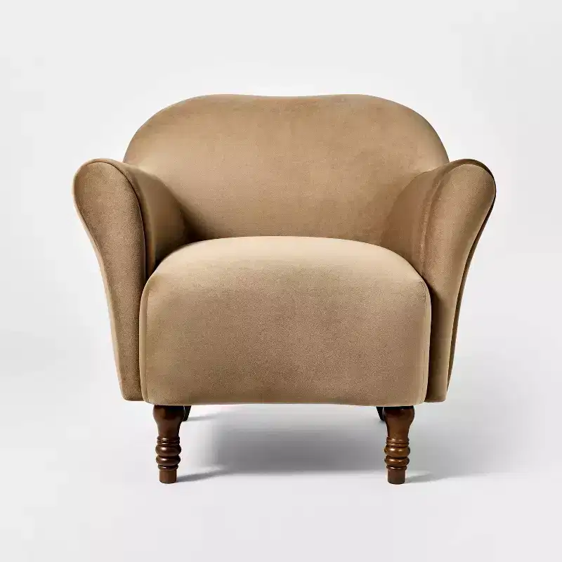 Turned Leg Velvet Accent Chair Tan