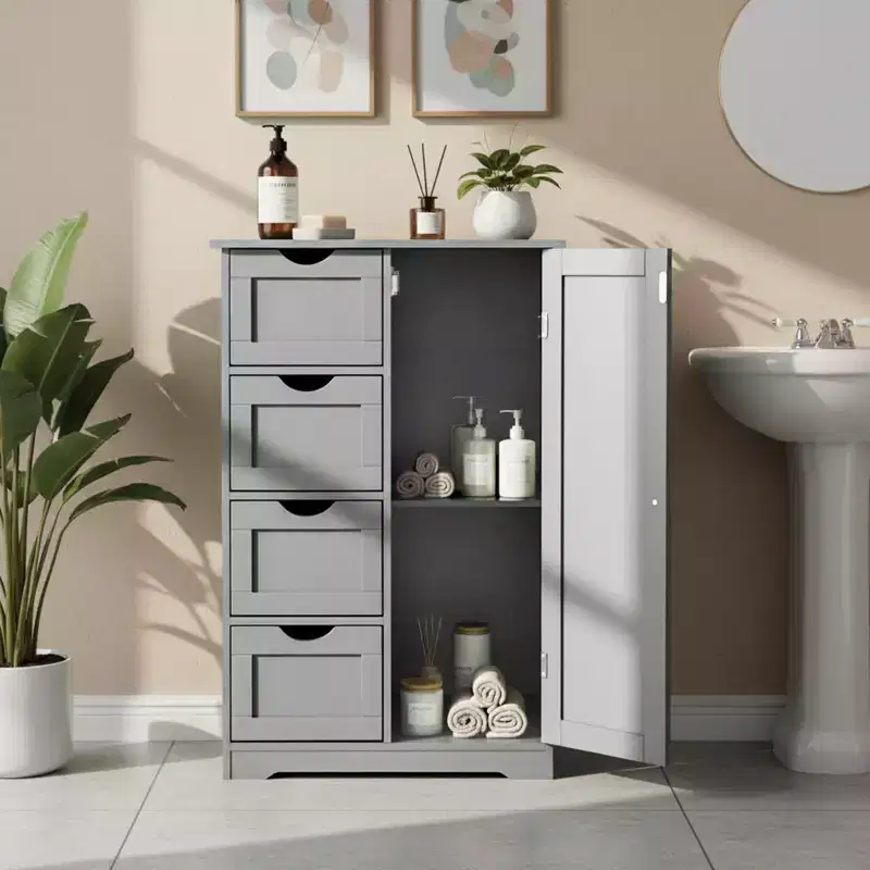 Gray Bathroom Storage Cabinet with 4 Drawers and 1 Door