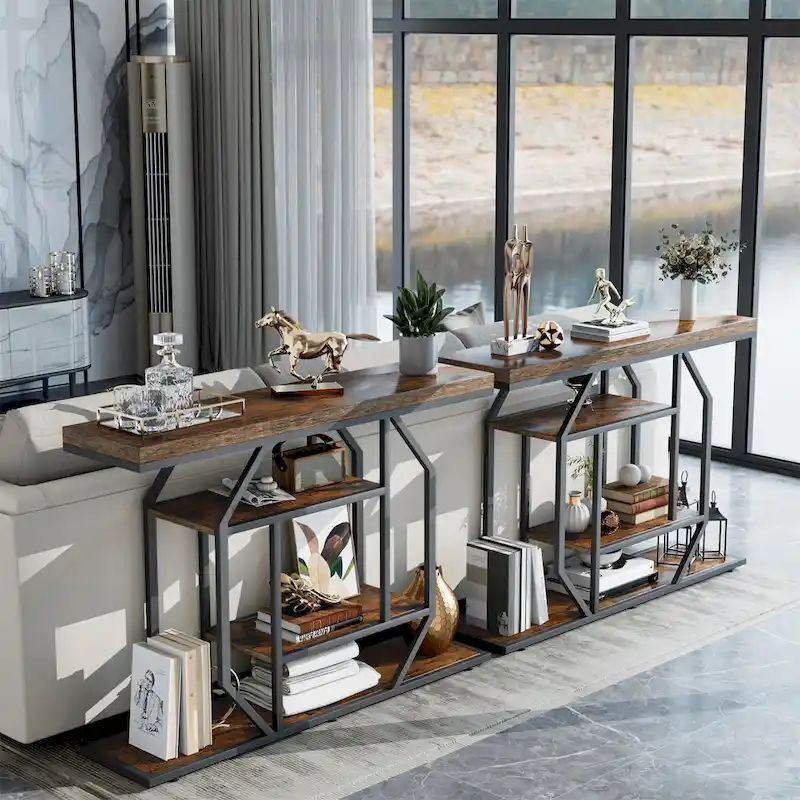 47.24 Rustic Long Console Entry Table Sofa Storage Table Behind Couch with 4 Tier Shelves
