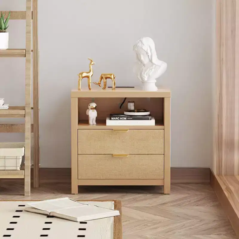 2 Drawer Nightstand with Charging Station Storage Shelf Natural Oak Wood Bedside Table Modern Farmhouse End Table USB Bedroom Furniture